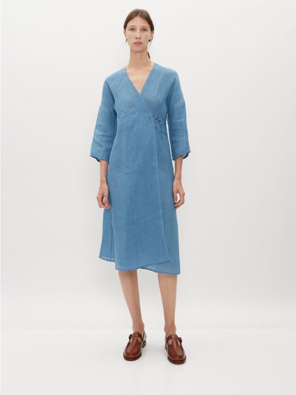 Dosa denim blue Handwoven 100% Linen Wrap Dress size 0